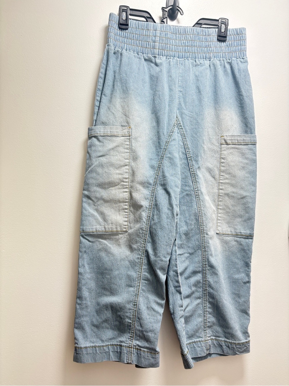 Threads of Luxx Railroad Stripe Distressed Smocked Denim Pants.